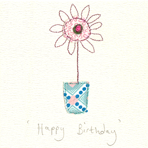 Pink stitched flower in blue vase handmade card