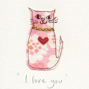 pink fabric valentine cat handmade card